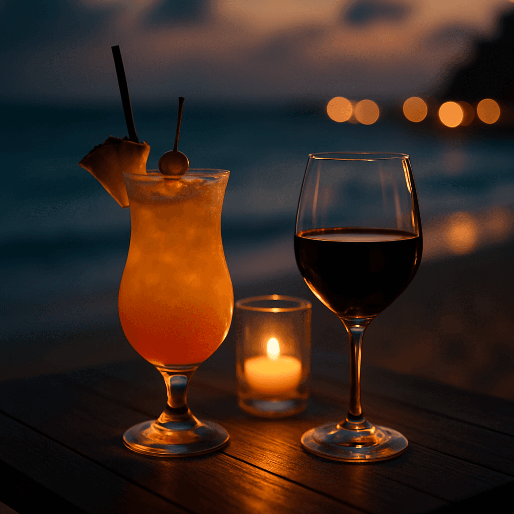 A cocktail and a glass of wine at sunset by the beach — bar mood