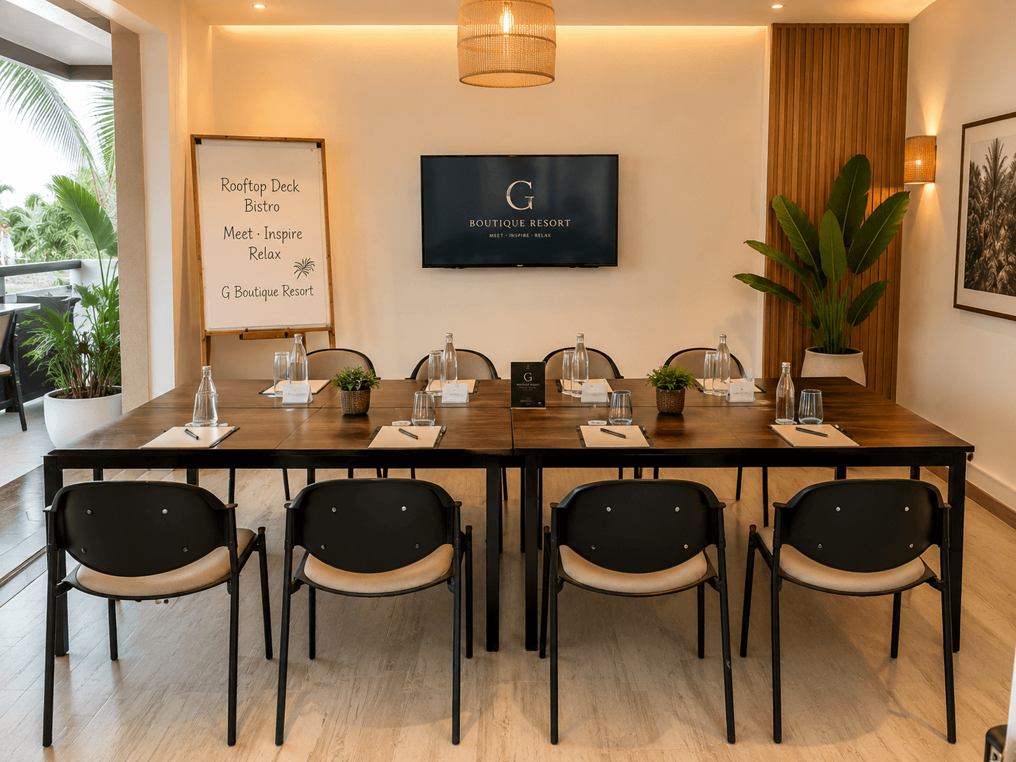 Rooftop function and meeting room above G Bistro with a warm table setup